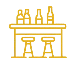 Bar counter with bottles on the shelf and two stools in front, in a simple line-art illustration.