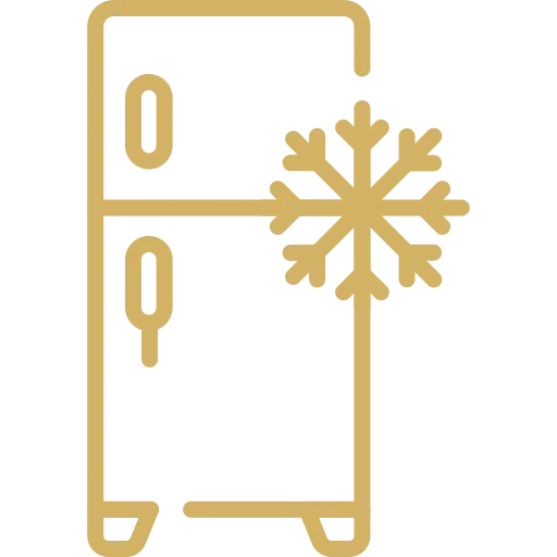 Gold outline refrigerator/freezer icon with a snowflake, indicating cold storage.