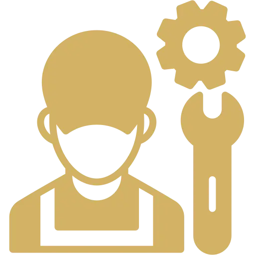 Maintenance technician icon with wrench and gear in tan outline and a worker silhouette